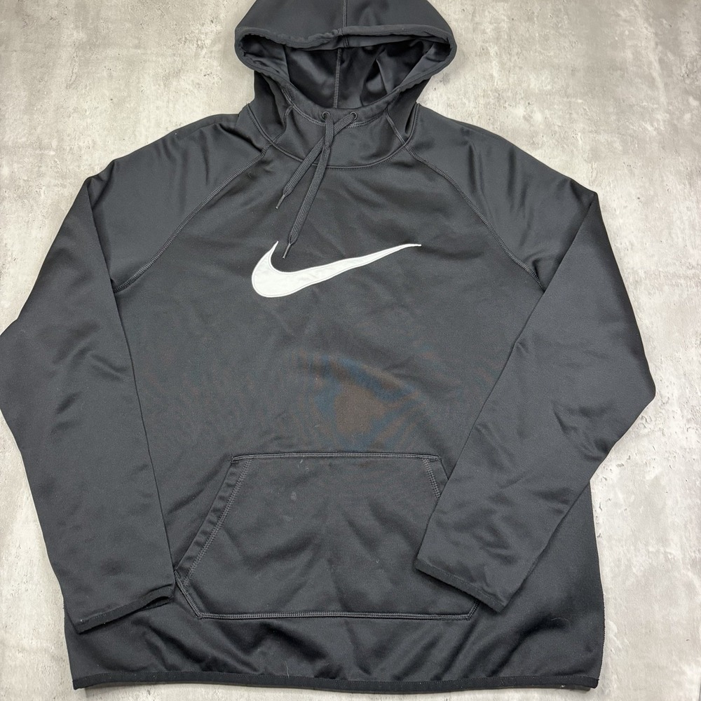 Nike Men's Black Dri-Fit Pullover Hoodie White Swoosh Logo Drawstring Pockets XL